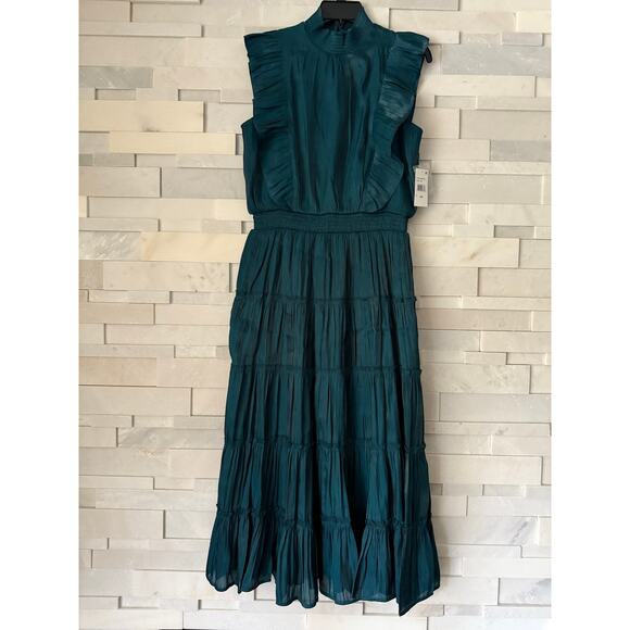GREY COLLECTIVE NWT Hi-Neck Ruffle Sleeve Smocked Tiered Maxi Dress L TEAL - Picture 3 of 11